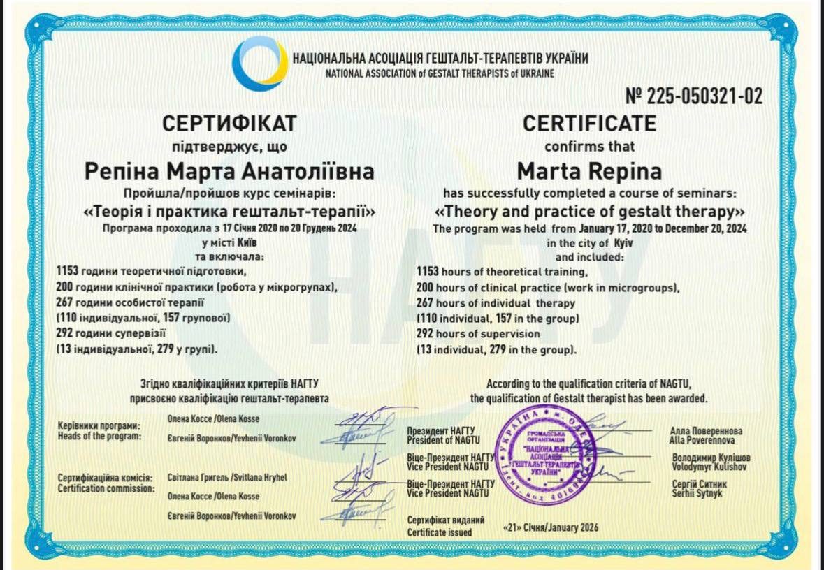 Сертифікат гештальт-терапевта